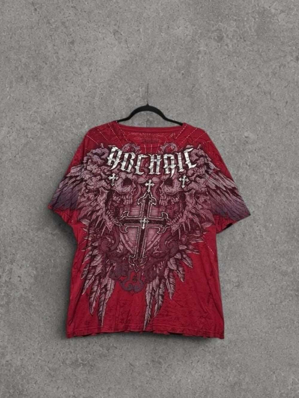 Archaic by Affliction Red Graphic Print T-Shirt with Wing and Cross Details